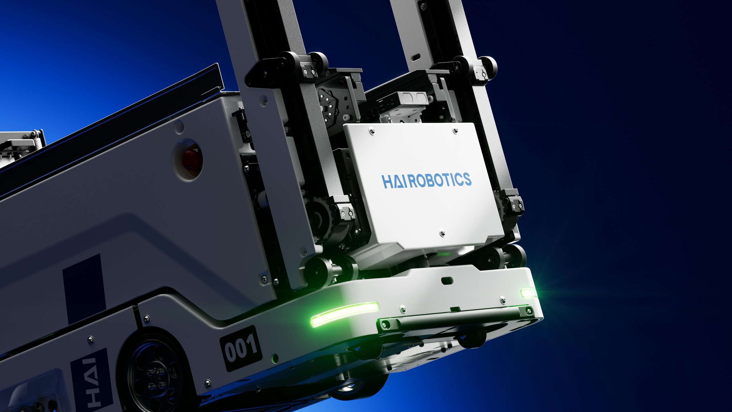 A HaiClimber robot on a rack upright with its status light lit green