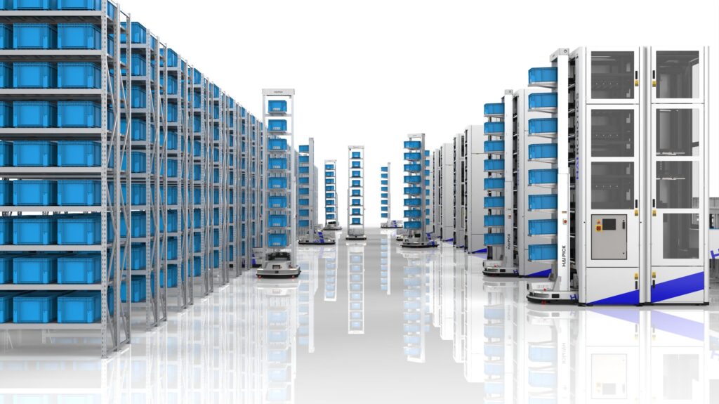 HaiPick System 1 racking stacked with blue totes beside a HaiPort workstation