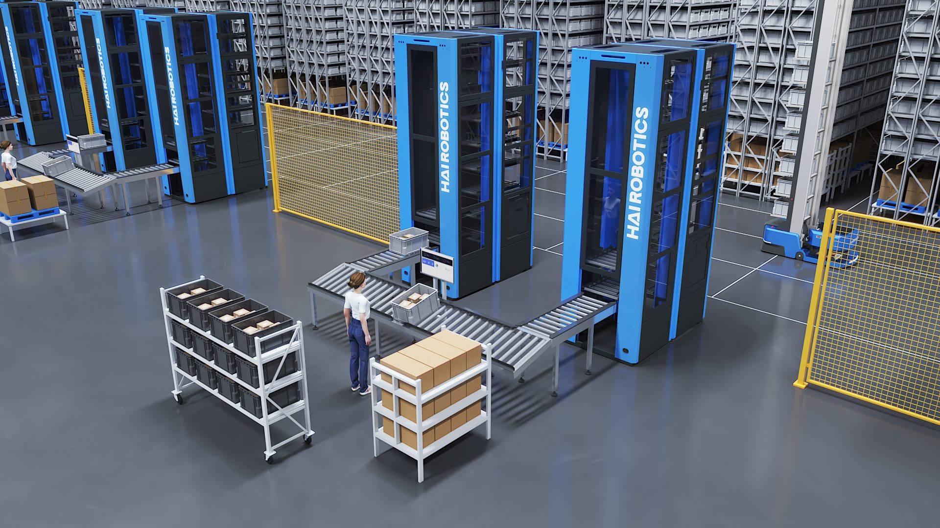 An operator picking at a HaiPick System 2 workstation between robot towers