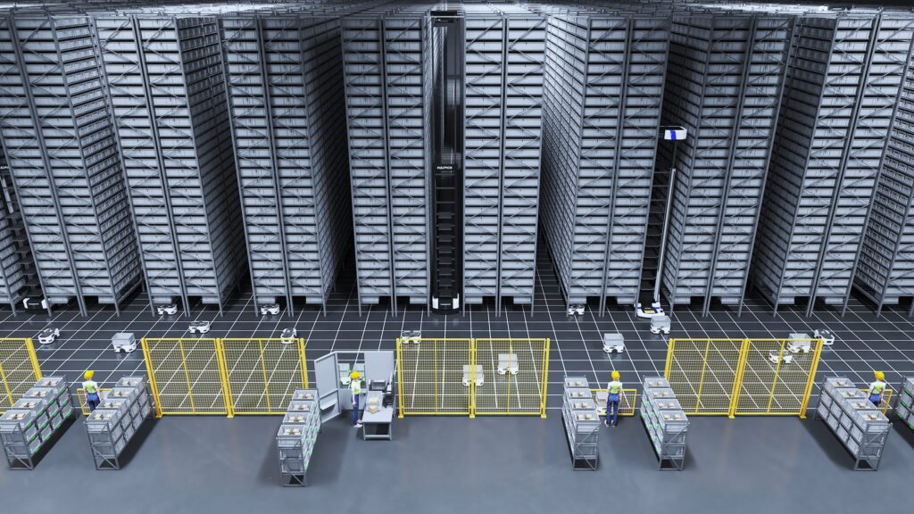 Overhead view of a HaiPick System 3 installation with picking stations along the front