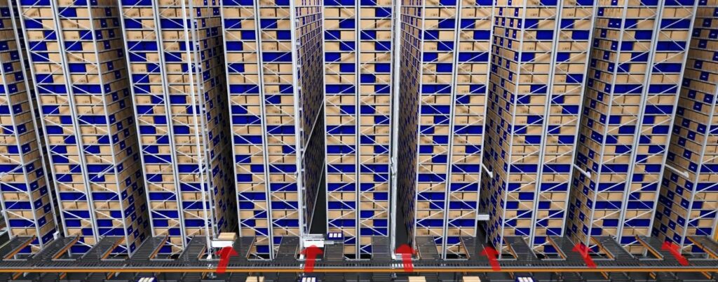 HaiPick Rail aisles of high-bay racking with robots running on rails above the floor